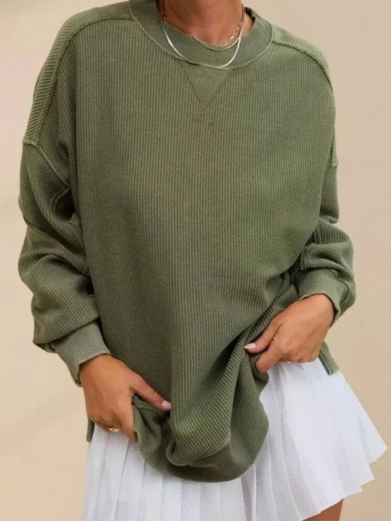 Aerie Tops - Aerie Big Chill Textured Crew Ribbed Oversized Sweatshirt Olive Green Distressed